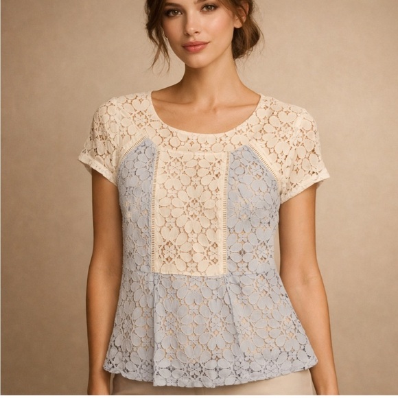 Nanette Lepore Tops - Nanette Lepore Lace Peplum Blouse Blue Ivory Colorblock Size Small